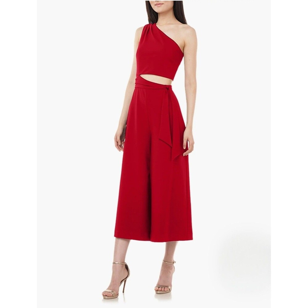 Love Theia One Shoulder Crop Jersey Jumpsuit Red Side Cutout Wide leg 8 Party